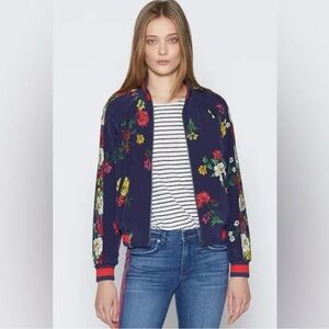 Joie Avariella Navy Floral Print 100% Silk Zip Up Bomber Track Jacket XS